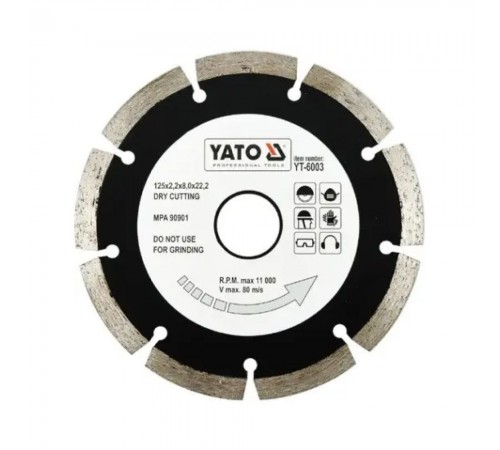 Диск обрізний алмазний сегмент YATO "SEGMENT" Ø= 125x8.0x22,2 мм H= 2,2 мм YT-6003 Диск обрізний алмазний сегмент YATO "SEGMENT" Ø= 125x8.0x22,2 мм H= 2,2 мм YT-6003