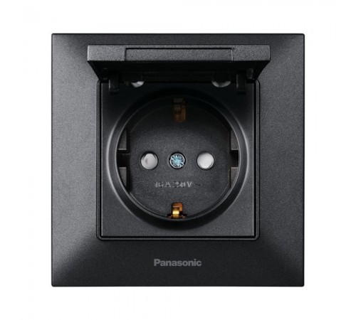 Розетка Panasonic Arkedia Slim чорна із заземленням з захисними шторками з кришкою WNTC02102BL-UA