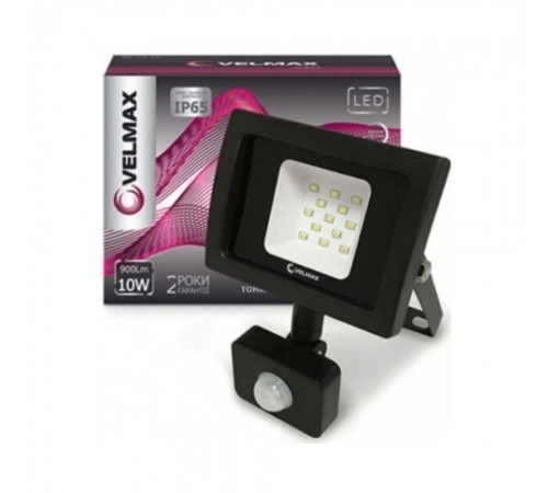 LED прожектор Velmax з датчиком руху LF 10W 6200K 900Lm 26-14-10 LED прожектор Velmax з датчиком руху LF 10W 6200K 900Lm 26-14-10