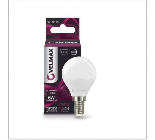Лампа LED Velmax V-G45 6W 220V E14 4100K 540Lm 21-12-20 Лампа LED Velmax V-G45 6W 220V E14 4100K 540Lm 21-12-20