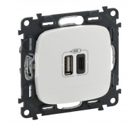Legrand Valena ALLURE Valena ALLURE. Зарядний пристрій з двома USB-роз'ємами тип А+тип С 240В/5В 3000мА. З лицьовою панеллю, колір Білий білий 754965