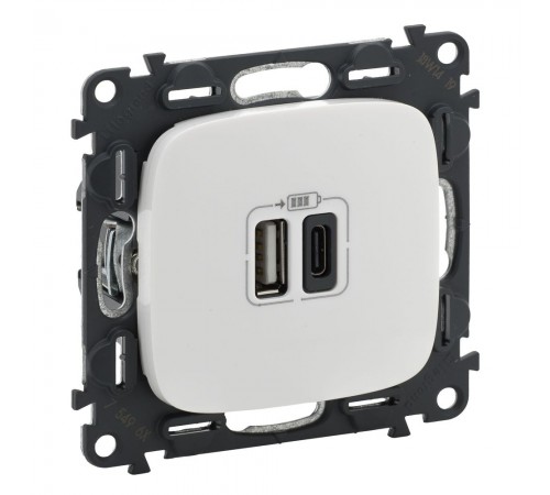 Legrand Valena ALLURE Valena ALLURE. Зарядний пристрій з двома USB-роз'ємами тип А+тип С 240В/5В 3000мА. З лицьовою панеллю, колір Білий білий 754965 Legrand Valena ALLURE Valena ALLURE. Зарядний пристрій з двома USB-роз'ємами тип А+тип С 240В/5В 3000мА. З лицьовою панеллю, колір Білий білий 754965