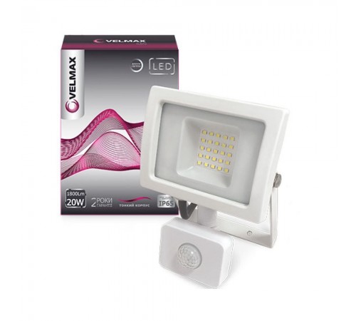 LED прожектор Velmax 20W, 6200K, 1800LM, датчик руху кут 120° 26-14-22 LED прожектор Velmax 20W, 6200K, 1800LM, датчик руху кут 120° 26-14-22