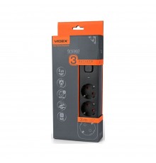 Мережевий подовжувач VIDEX ONCORD с/с 3п 3м (3x1.5мм) 2.4А 2USB+USB-C з кнопкою Black 484893