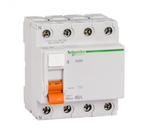 Дифреле (ПЗВ) Schneider Electric Домовий ВД63 АС 4р 40А 30мА (C1) 11463 Дифреле (ПЗВ) Schneider Electric Домовий ВД63 АС 4р 40А 30мА (C1) 11463