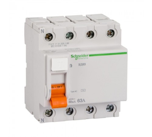 Дифреле (ПЗВ) Schneider Electric Домовий ВД63 АС 4р 63А 30мА (C1) 11466 Дифреле (ПЗВ) Schneider Electric Домовий ВД63 АС 4р 63А 30мА (C1) 11466