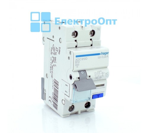 Hager Диференційний автомат Тип AC 1P+N 6kA B-10A 30mA ADC910D