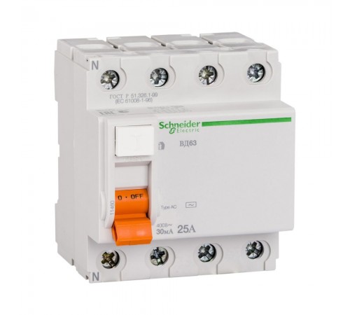 Дифреле (ПЗВ) Schneider Electric Домовий ВД63 АС 4р 25А 30мА (C1) 11460 Дифреле (ПЗВ) Schneider Electric Домовий ВД63 АС 4р 25А 30мА (C1) 11460