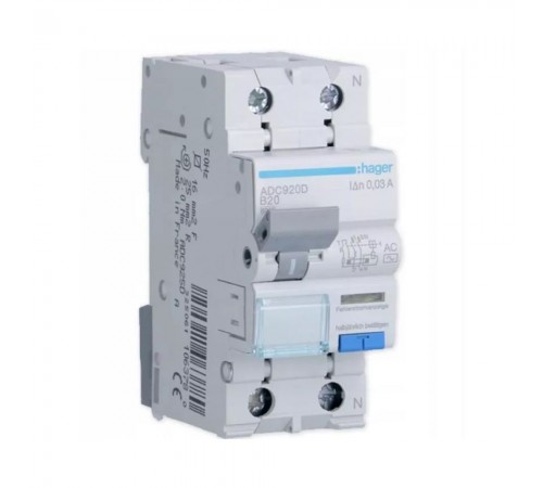 Диференційний автомат Hager Тип AC 1P+N 6kA B-20A 30mA ADC920D Диференційний автомат Hager Тип AC 1P+N 6kA B-20A 30mA ADC920D