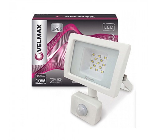 LED прожектор V-FLl-106SWh 10W 220V 6200K 900Lm датчик руху 26-14-11 Velmax