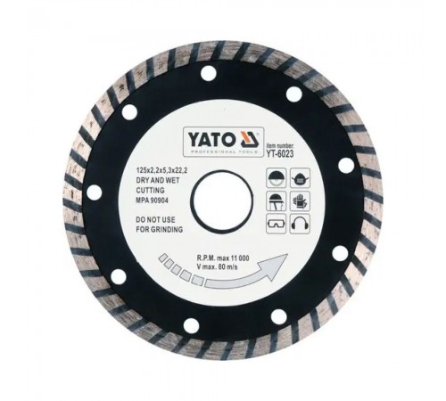 Диск обрізний алмазний відрізний YATO "TURBO" Ø= 125x8.0x22,2 мм. H= 2,6 мм YT-6023